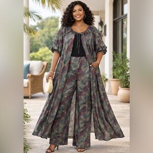 Plus Size 3X Abstract Duster & Palazzo Set Boho Luxe Floor Length Pockets Artsy